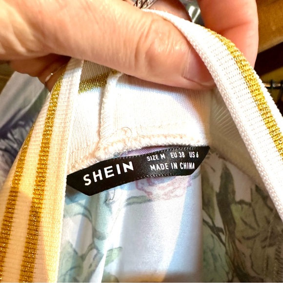 New Awesome White Floral Bomber Jacket with Glitter Retro Sporty Trim by SHEIN! - Picture 7 of 9